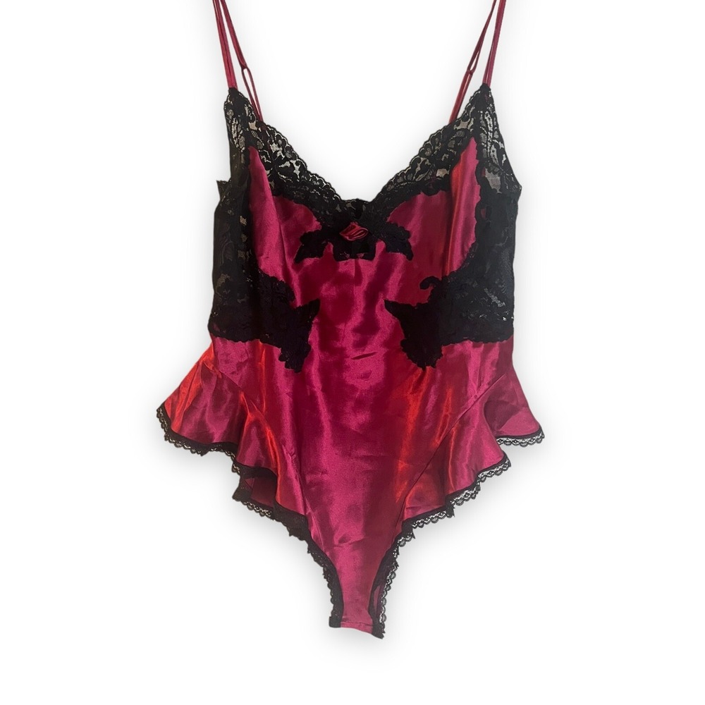 VTG Victoria's Secret Gold Label Lace Teddy Bodysuit Satin Ruffle Black Lace M